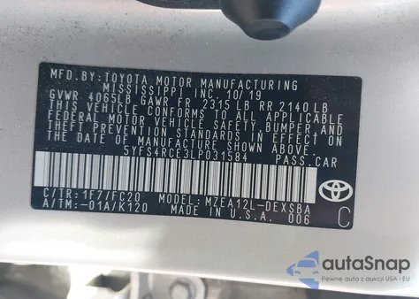 2020 Toyota Corolla Se из США, поврежденный, VIN 5YFS4RCE3LP031584